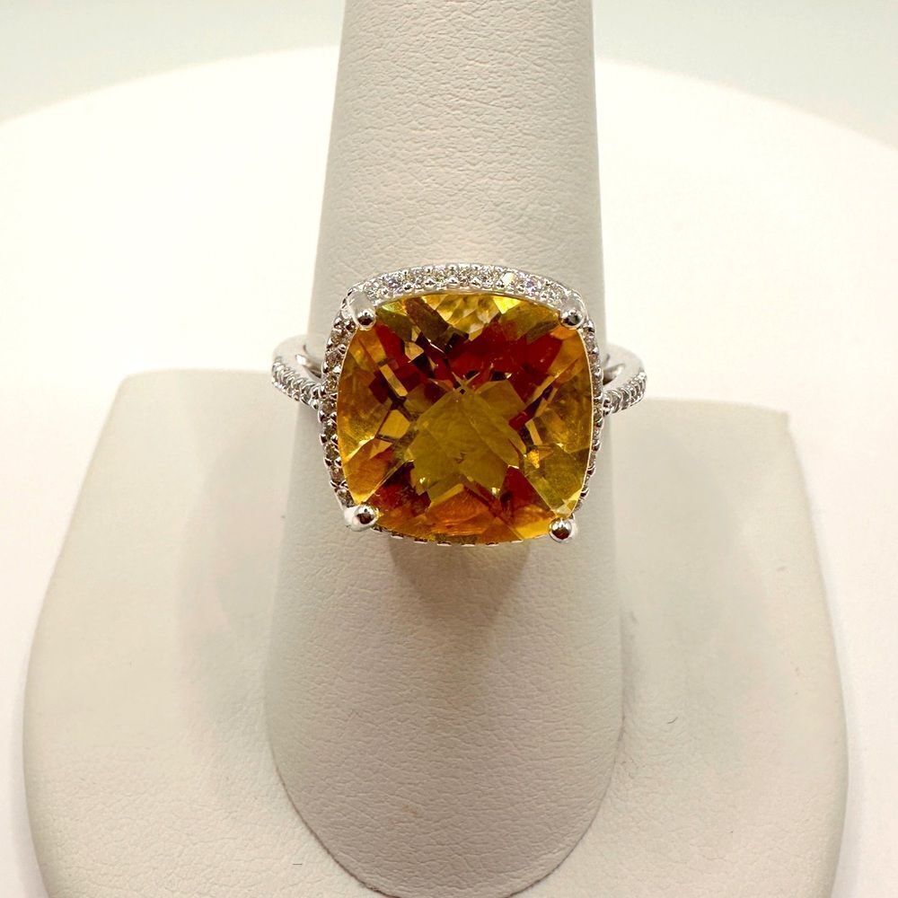 6ct cushion cut citrine, cz accents and stamped sterling silver ring!